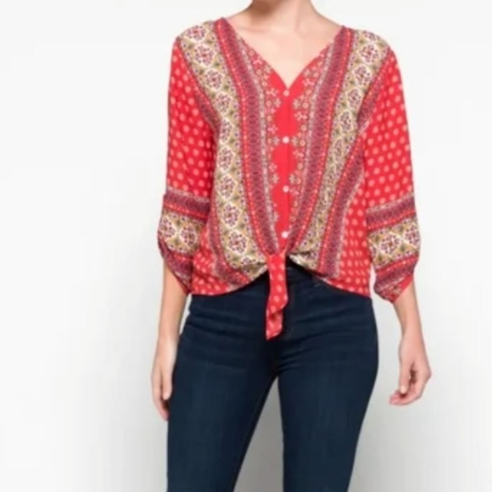 West key Talina Tie Front Boho Colorful Blouse Medium Orange